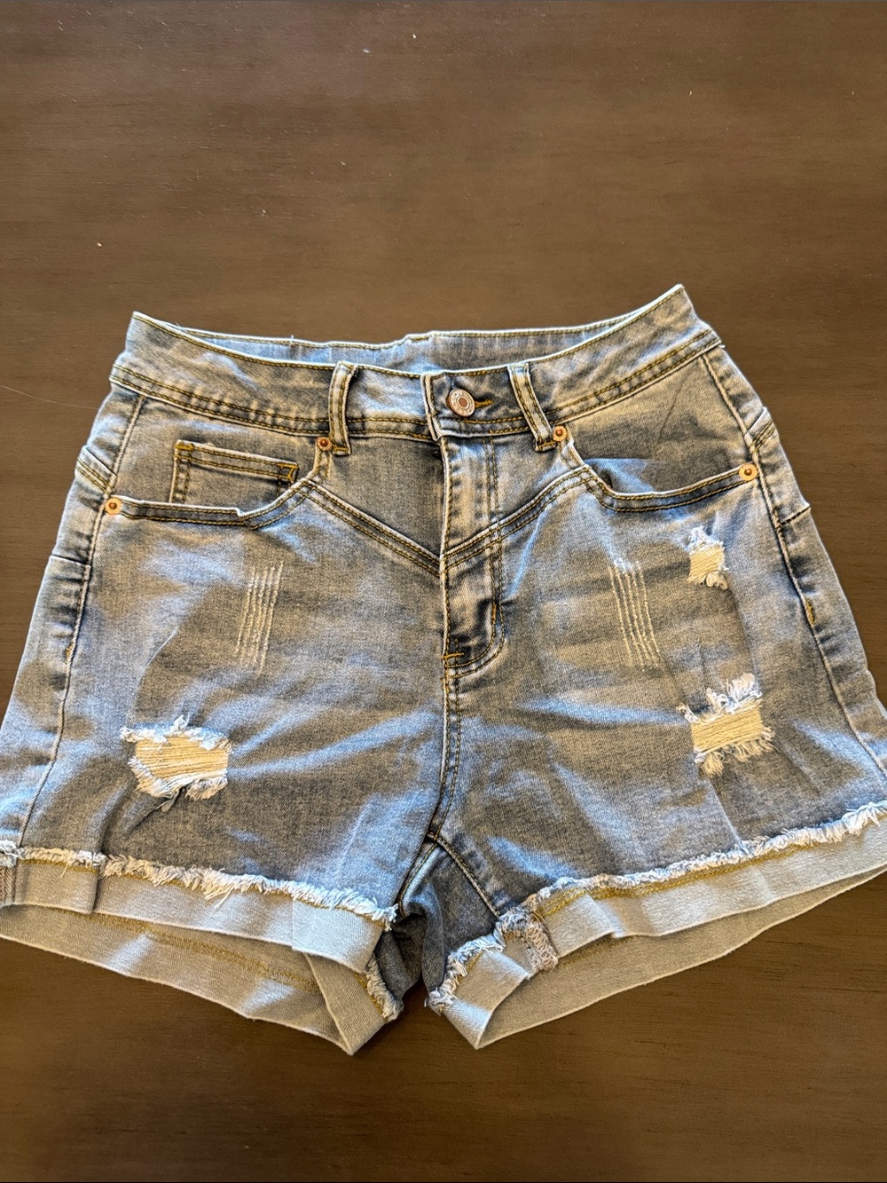 Distressed Light Blue Denim Jean Shorts with Raw Hem